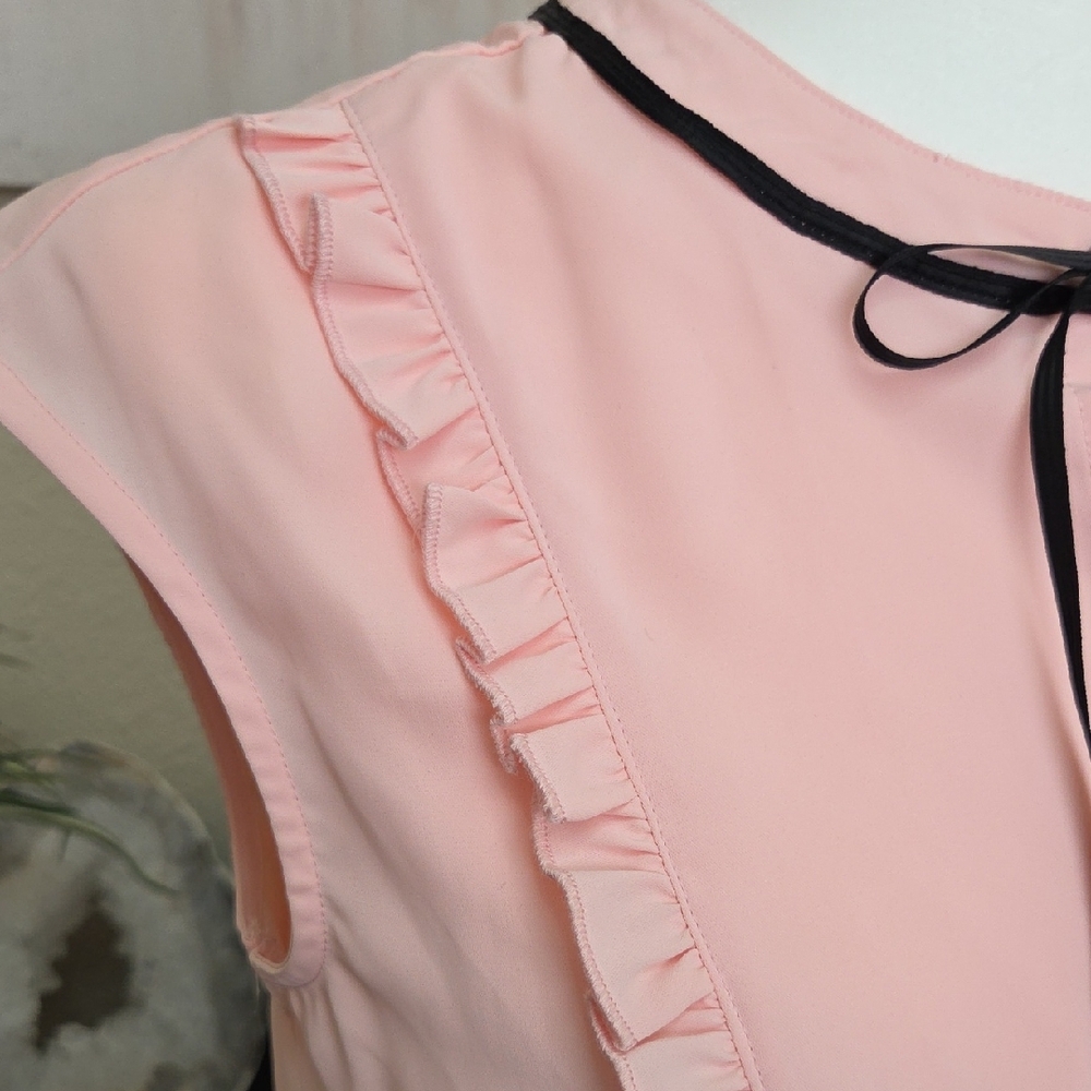 Allegra K Pink Sleeveless Ruffle Blouse with Black Tie - Picture 4 of 7